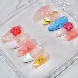 GlamBerry 10pcs Handmade Press-On Nails, Reusable, with Nail Kit - Sizes XS-L